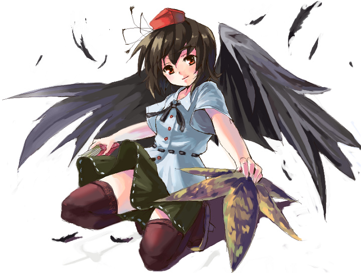 shameimaru aya, touhou, 1girl, black hair, black wings, female focus, full body, hat, red eyes, solo, thighhighs, tokin hat, white background, wings, zettai ryouiki
