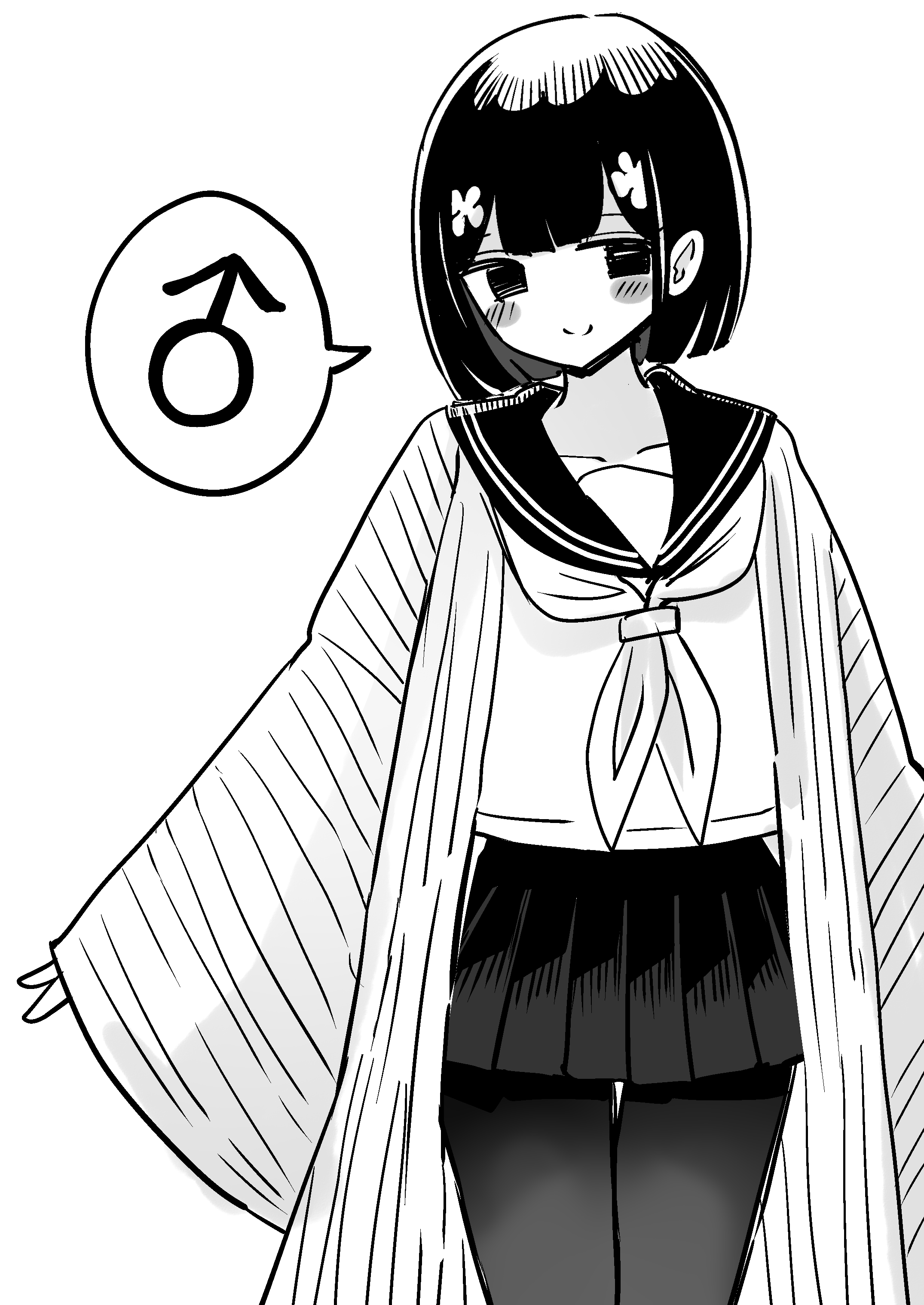vae, original, absurdres, highres, 1boy, blush, bob cut, collarbone, cropped arm, crossdressing, crossdressing (mtf), crossed legs, flower, hair flower, hair ornament, haori, japanese clothes, male focus, mars symbol, miniskirt, monochrome, neckerchief, pantyhose, pleated skirt, sailor collar, school uniform, serafuku, short hair, simple background, skirt, solo, speech bubble, spoken mars symbol, standing, striped haori, trap, white background