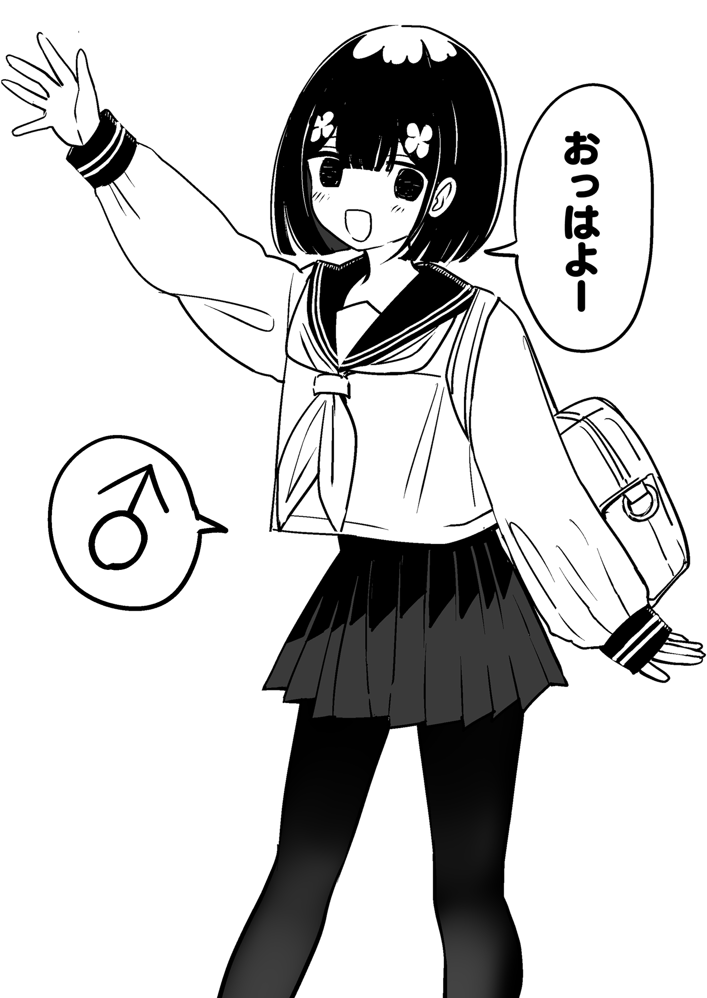 vae, original, highres, 1boy, backpack, bag, bob cut, collarbone, cropped legs, crossdressing, crossdressing (mtf), flower, hair flower, hair ornament, holding, holding bag, light blush, male focus, mars symbol, miniskirt, monochrome, neckerchief, open mouth, pantyhose, pleated skirt, sailor collar, school uniform, serafuku, short hair, simple background, skirt, smile, solo, speech bubble, spoken mars symbol, standing, trap, waving, white background