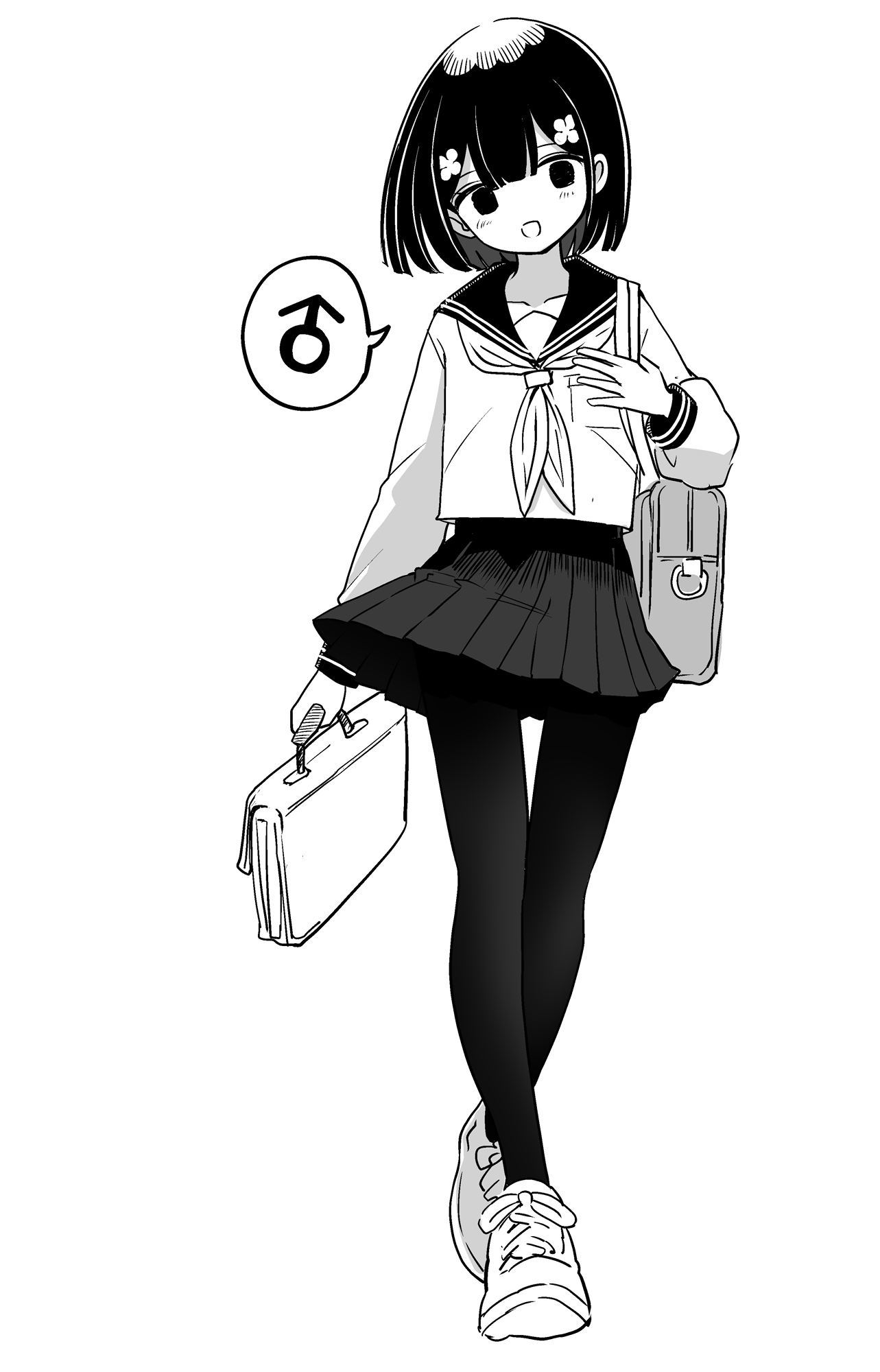 vae, original, highres, 1boy, bag, bob cut, carrying, collarbone, crossdressing, crossdressing (mtf), flower, full body, hair flower, hair ornament, holding, holding bag, light blush, male focus, mars symbol, miniskirt, monochrome, neckerchief, open mouth, pantyhose, pleated skirt, sailor collar, school uniform, serafuku, shoes, short hair, simple background, skirt, smile, sneakers, speech bubble, spoken mars symbol, trap, walking, white background