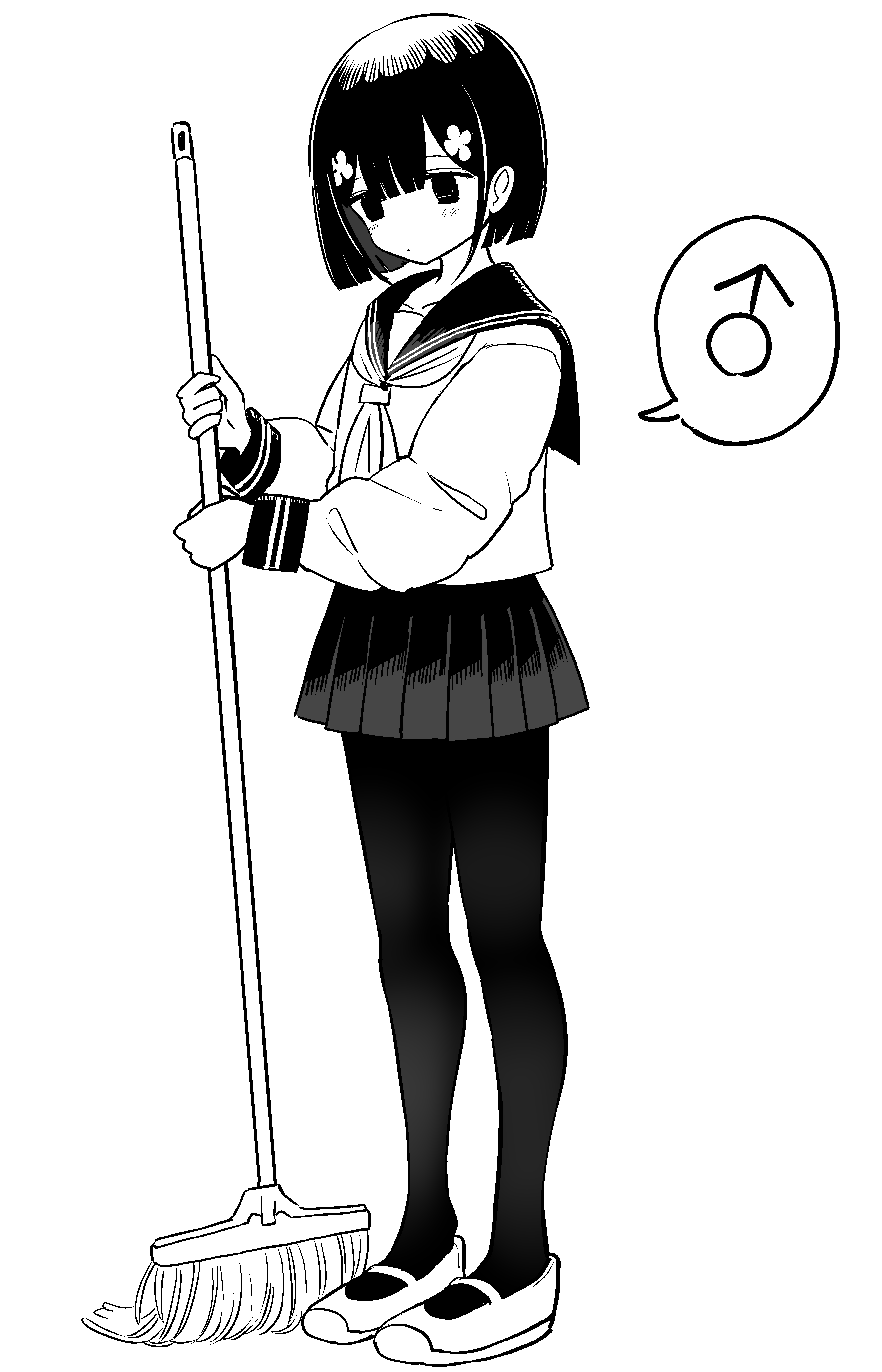 vae, original, absurdres, highres, 1boy, bob cut, broom, collarbone, crossdressing, crossdressing (mtf), flower, hair flower, hair ornament, male focus, mars symbol, miniskirt, monochrome, neckerchief, pantyhose, pleated skirt, sailor collar, school uniform, serafuku, short hair, simple background, skirt, slip-on shoes, speech bubble, spoken mars symbol, standing, sweeping, trap, white background