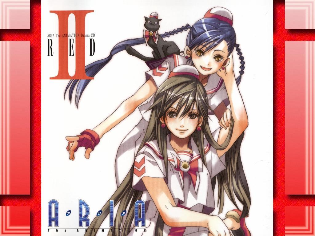 amano kozue, aika granzchesta, akira ferrari, hime granzchesta, aria (manga), uniform, 00s, 2girls, animal, blue hair, bow, brown eyes, brown hair, cat, hat, long hair, multiple girls, ribbon, smile, twintails, yellow eyes