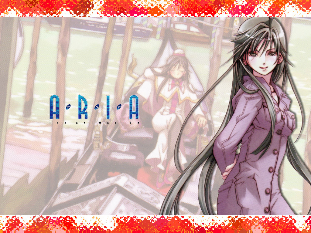 amano kozue, akira ferrari, aria (manga), official art, official wallpaper, 00s, 1girl, arms behind back, black hair, boat, brown eyes, buttons, capelet, dock, dress, female focus, gondola, hat, leaning back, long hair, looking at viewer, projected inset, sitting, solo, very long hair, water, watercraft