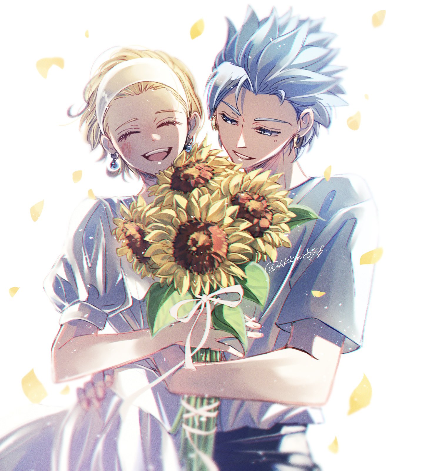 hcomoch (mochizaki), camus (dq11), senya (dq11), dragon quest, dragon quest xi, commentary request, highres, 1boy, 1girl, black pants, blonde hair, blue eyes, blue gemstone, blue hair, blurry, bouquet, bow, couple, depth of field, dress, earrings, flower, gem, gold earrings, grey shirt, hairband, hand on another's hip, hetero, holding, holding bouquet, hoop earrings, jewelry, official alternate hair length, official alternate hairstyle, open mouth, pants, puffy short sleeves, puffy sleeves, shirt, shirt tucked in, short hair, short sleeves, sphere earrings, spiked hair, sunflower, upper body, white background, white bow, white dress, white hairband, white theme, yellow petals