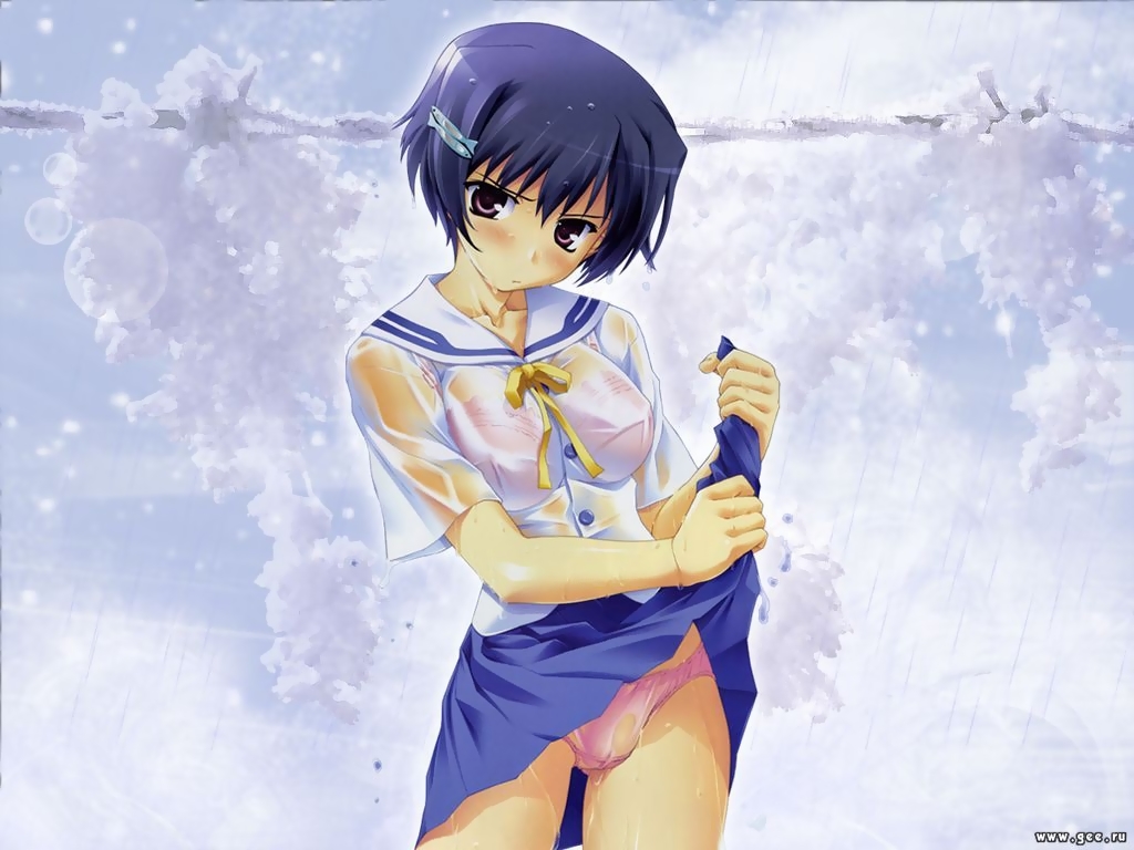 1girl, :t, blouse, blue eyes, blue hair, blush, bra, bra visible through clothes, clothes lift, female focus, lifting own clothes, lingerie, matching hair/eyes, panties, pink panties, pleated skirt, ribbon, school uniform, see-through clothes, serafuku, shirt, short hair, skirt, skirt lift, solo, standing, underwear, wet, wet clothes, wet panties, wet shirt
