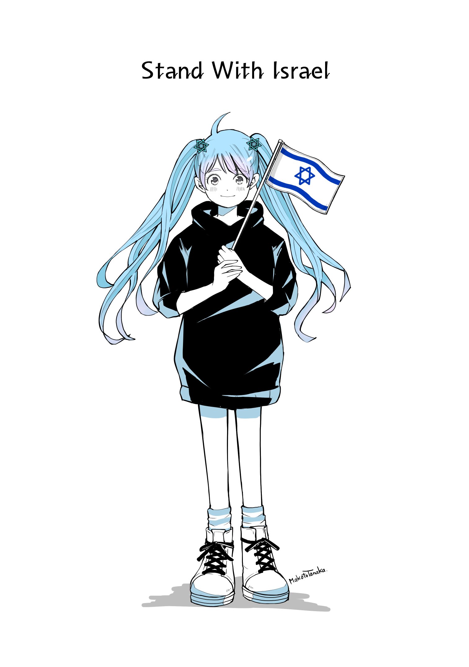 tanaka makoto, original, hashtag-only commentary, highres, 1girl, ahoge, ankle socks, artist name, blue hair, closed mouth, english text, flag, full body, hair ornament, hexagram, high contrast, holding, holding flag, hood, hood down, hoodie, israeli flag, limited palette, long hair, looking at viewer, oversized clothes, own hands together, shadow, shoelaces, shoes, simple background, smile, socks, solo, standing, star (symbol), star hair ornament, star of david, straight-on, striped clothes, striped socks, swept bangs, three-quarter sleeves, twintails, white background