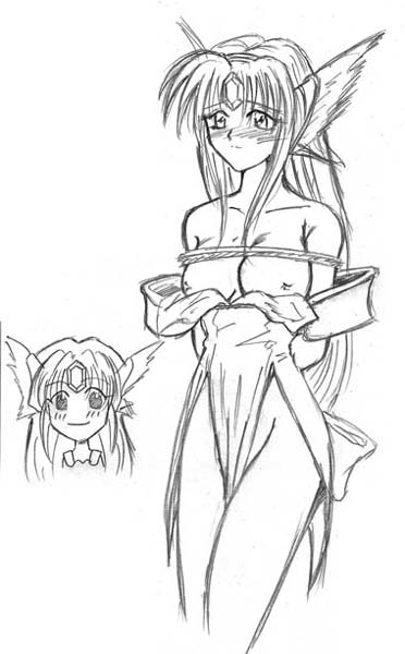 riesz, seiken densetsu, seiken densetsu 3, 1girl, bdsm, bondage, bound, female focus, greyscale, long hair, low-tied long hair, monochrome, nipples, sketch, solo
