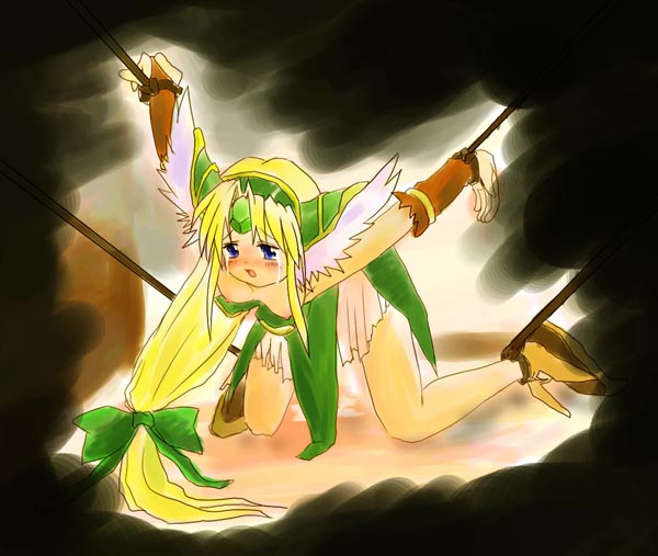 riesz, seiken densetsu, seiken densetsu 3, 1girl, assisted exposure, bad anatomy, bdsm, blonde hair, blue eyes, bondage, bound, female focus, long hair, low-tied long hair, nipples, poorly drawn, ribbon, rope, solo, tears, very long hair