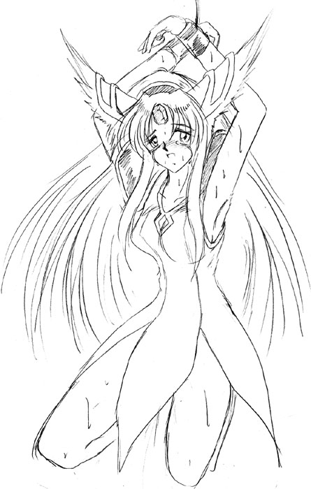 riesz, seiken densetsu, seiken densetsu 3, 1girl, arms up, bdsm, bondage, bound, bound wrists, female focus, greyscale, kneeling, monochrome, sketch, solo, suspension, sweat