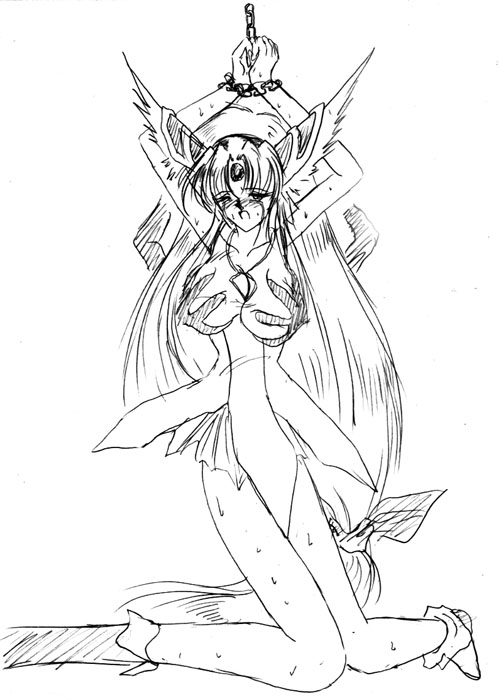 riesz, seiken densetsu, seiken densetsu 3, 1girl, bad anatomy, bad proportions, bdsm, bondage, bound, breasts, female focus, grabbing another's breast, greyscale, groping, large breasts, long hair, low-tied long hair, monochrome, poorly drawn, sketch, solo