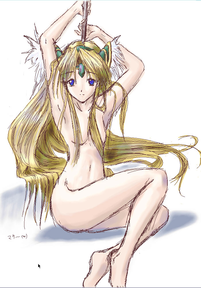 riesz, seiken densetsu, seiken densetsu 3, artist request, 1girl, armpits, arms up, blonde hair, blue eyes, completely nude, convenient censoring, cursor, female focus, long hair, looking at viewer, navel, nude, shadow, simple background, sitting, solo, toes, very long hair, white background, yokozuwari