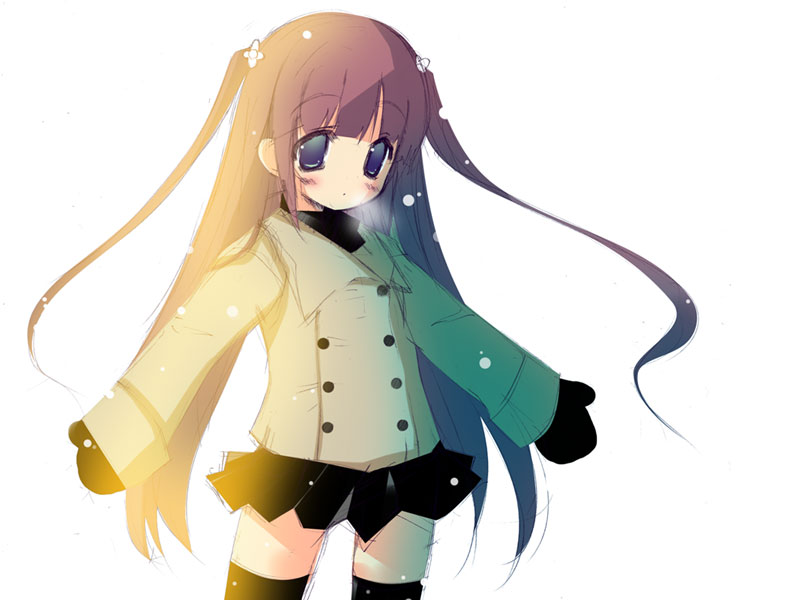 yanagi yuu, original, 1girl, black eyes, breath, brown hair, coat, female focus, hair ornament, long hair, mittens, outstretched arms, skirt, snowing, solo, spread arms, thighhighs, winter clothes, winter coat, zettai ryouiki