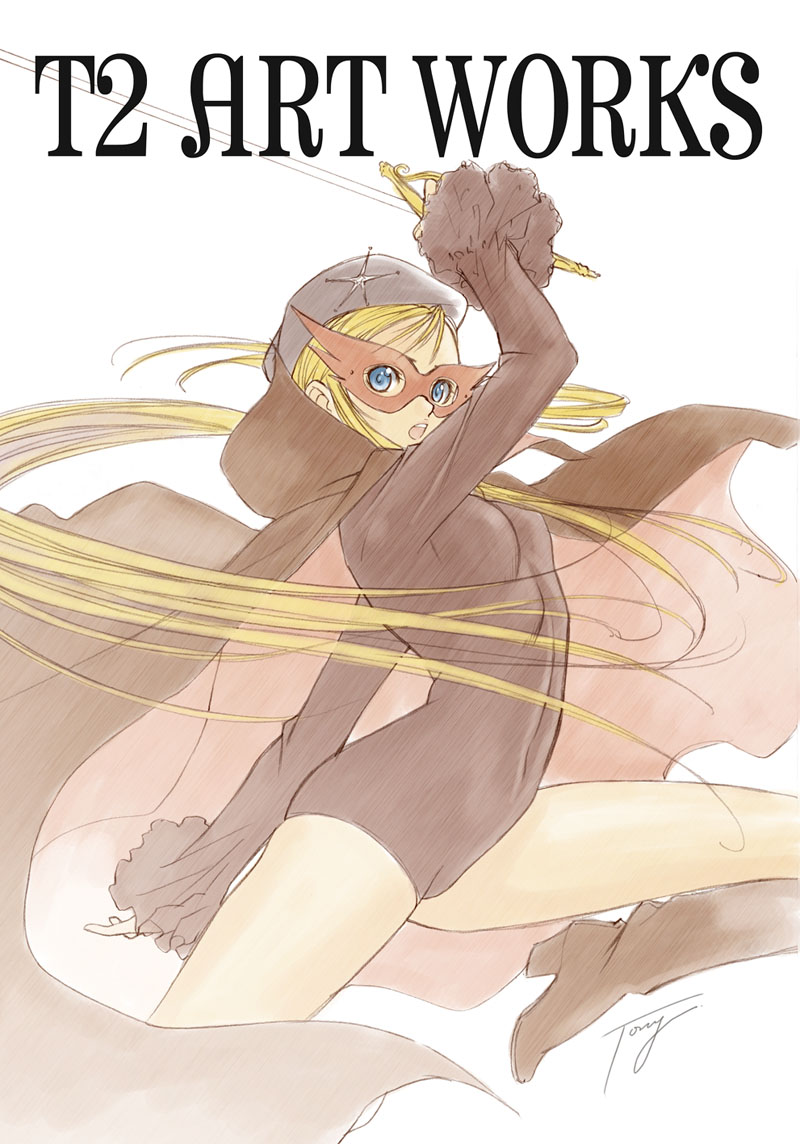 tony taka, simone (la seine no hoshi), la seine no hoshi, sunrise (company), 1970s (style), 1girl, artist name, beret, blonde hair, blue eyes, boots, cape, female focus, hat, hat ornament, holding, holding sword, holding weapon, jumping, leg up, leotard, long hair, mask, oldschool, open mouth, retro artstyle, solo, sword, very long hair, weapon