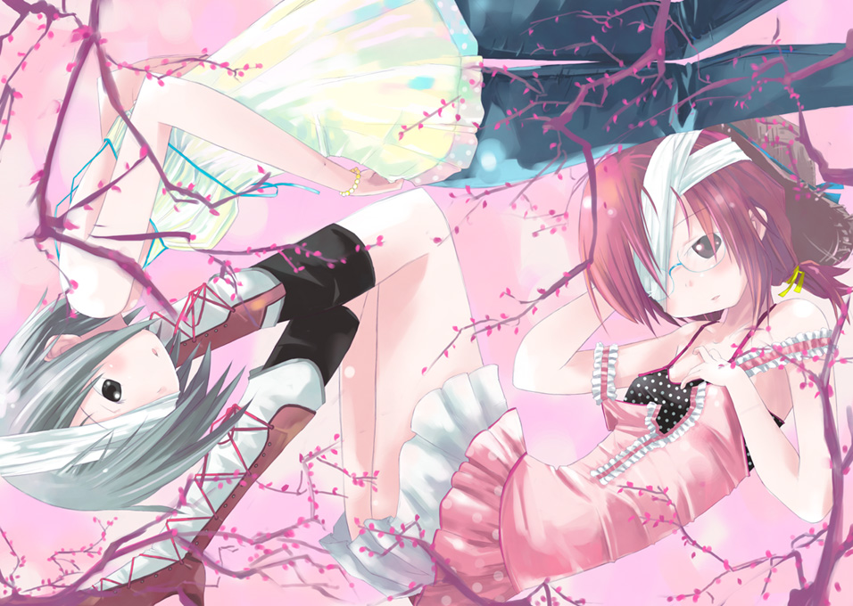 shiba yuusuke, original, silver hair, 2girls, arm garter, bad proportions, bandage over one eye, bandaged head, bandages, black eyes, boots, bracelet, branch, camisole, denim, glasses, hair ribbon, hand on own chest, hat, jeans, jewelry, layered skirt, multiple girls, pants, pink background, polyzm, red hair, ribbon, short hair