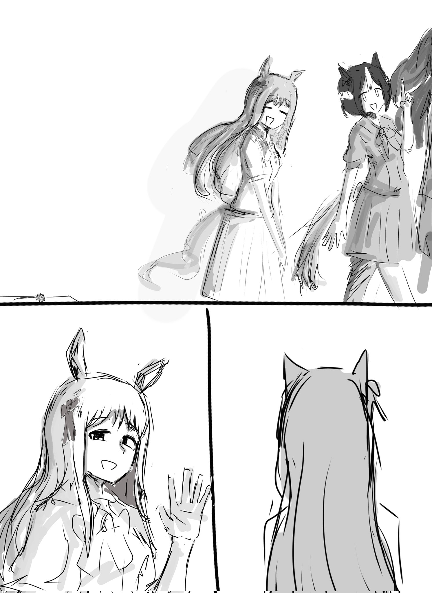 sa111, el condor pasa (umamusume), grass wonder (umamusume), special week (umamusume), umamusume, highres, 3girls, animal ears, bow, closed eyes, greyscale, horse ears, horse girl, horse tail, long hair, monochrome, multicolored hair, multiple girls, open mouth, ponytail, sailor collar, school uniform, shirt, short hair, short sleeves, skirt, smile, tail, tracen school uniform, waving