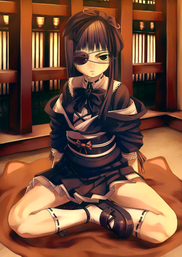 tasaka shinnosuke, original, 1girl, blunt bangs, eyepatch, female focus, goth fashion, japanese clothes, kneehighs, lolita fashion, obi, sash, shoes, sitting, skirt, socks, solo, staring, wa lolita, white socks