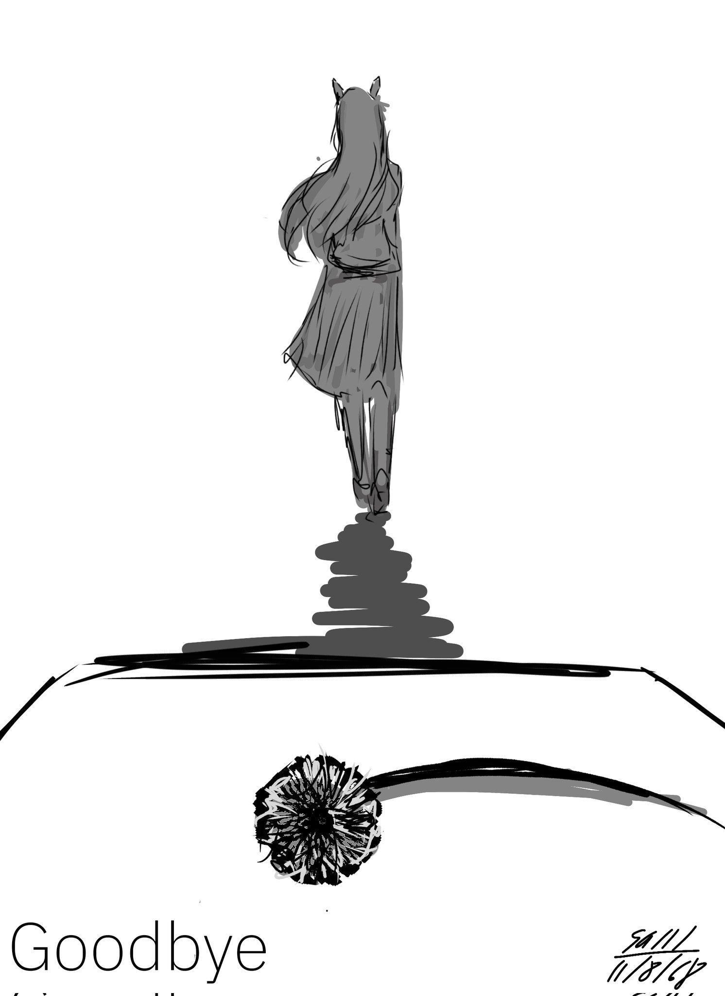sa111, grass wonder (umamusume), umamusume, highres, 1girl, animal ears, dandelion, facing away, flower, from behind, greyscale, horse ears, horse girl, long hair, monochrome, shirt, skirt, solo, walking away, white background