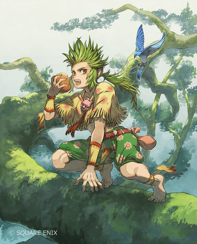 gau, final fantasy, final fantasy vi, square enix, official art, 1boy, barefoot, belt, belt pouch, bird, blue bird, brown belt, eating, fangs, fingernails, food, full body, green hair, green shorts, holding, holding food, in tree, low ponytail, male focus, midriff, open mouth, ponytail, pouch, print shorts, red eyes, sharp fingernails, sharp toenails, shawl, shorts, sidelocks, solo, squatting, toenails, tree, yellow shawl