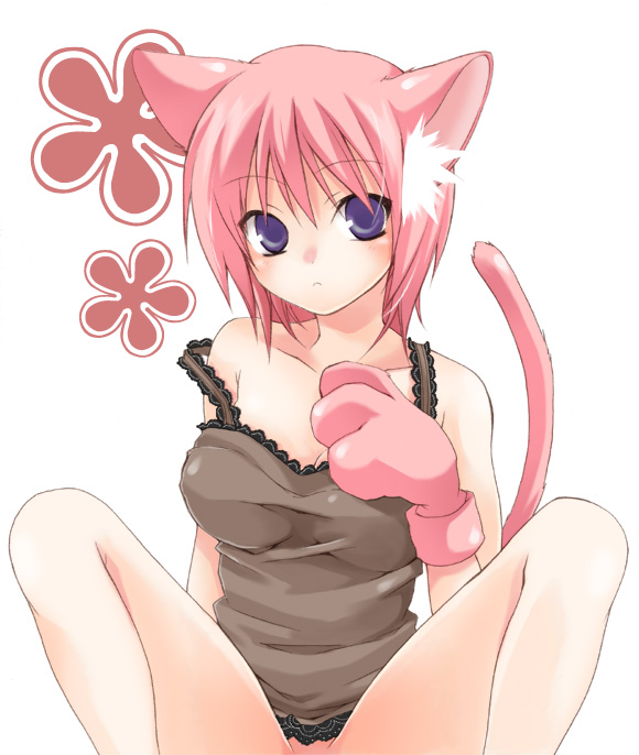 kubyou azami, original, 1girl, animal ear fluff, animal ears, animal hands, bare shoulders, bottomless, breasts, camisole, cat ears, cat tail, censored, female focus, gloves, out-of-frame censoring, paw gloves, pink hair, purple eyes, shirt, short hair, solo, strap slip, tail, taut clothes, taut shirt