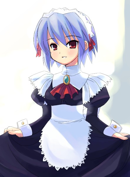 otoutogimi, kotonomiya yuki, suigetsu, 1girl, blue hair, bow, brooch, female focus, hair bow, jewelry, maid, maid headdress, short hair, skirt hold, sleeve cuffs, solo