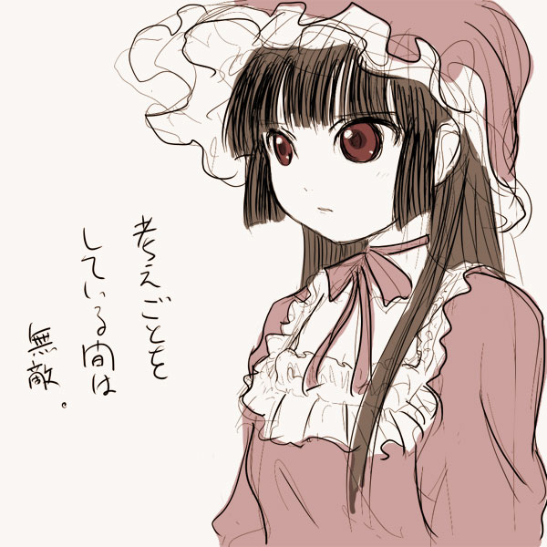 yuuichi (tareme paradise), enma ai, jigoku shoujo, translation request, 00s, 1girl, black hair, blunt bangs, bow, female focus, hime cut, lolita fashion, long hair, monochrome, red eyes, red theme, ribbon, sketch, solo
