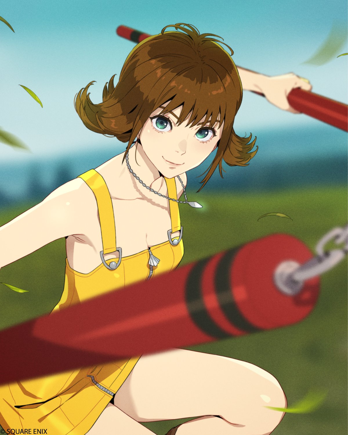 kobayashi gen, selphie tilmitt, final fantasy, final fantasy viii, square enix, highres, official art, 1girl, bare shoulders, blurry, blurry background, breasts, brown hair, cleavage, closed mouth, cowboy shot, curly hair, falling leaves, fighting stance, green eyes, holding, holding nunchaku, holding weapon, jewelry, leaf, medium breasts, necklace, nunchaku, overall skirt, overalls, short hair, smile, solo, weapon, yellow overalls, zipper pull tab