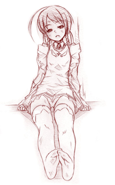 watase (owari), watase yukito, arika yumemiya, my-otome, 00s, 1girl, against wall, ahoge, arms at sides, braid, empty eyes, female focus, frown, garderobe uniform, legs together, long sleeves, monochrome, outstretched leg, sitting, solo, thighhighs, twin braids, wrinkled skin
