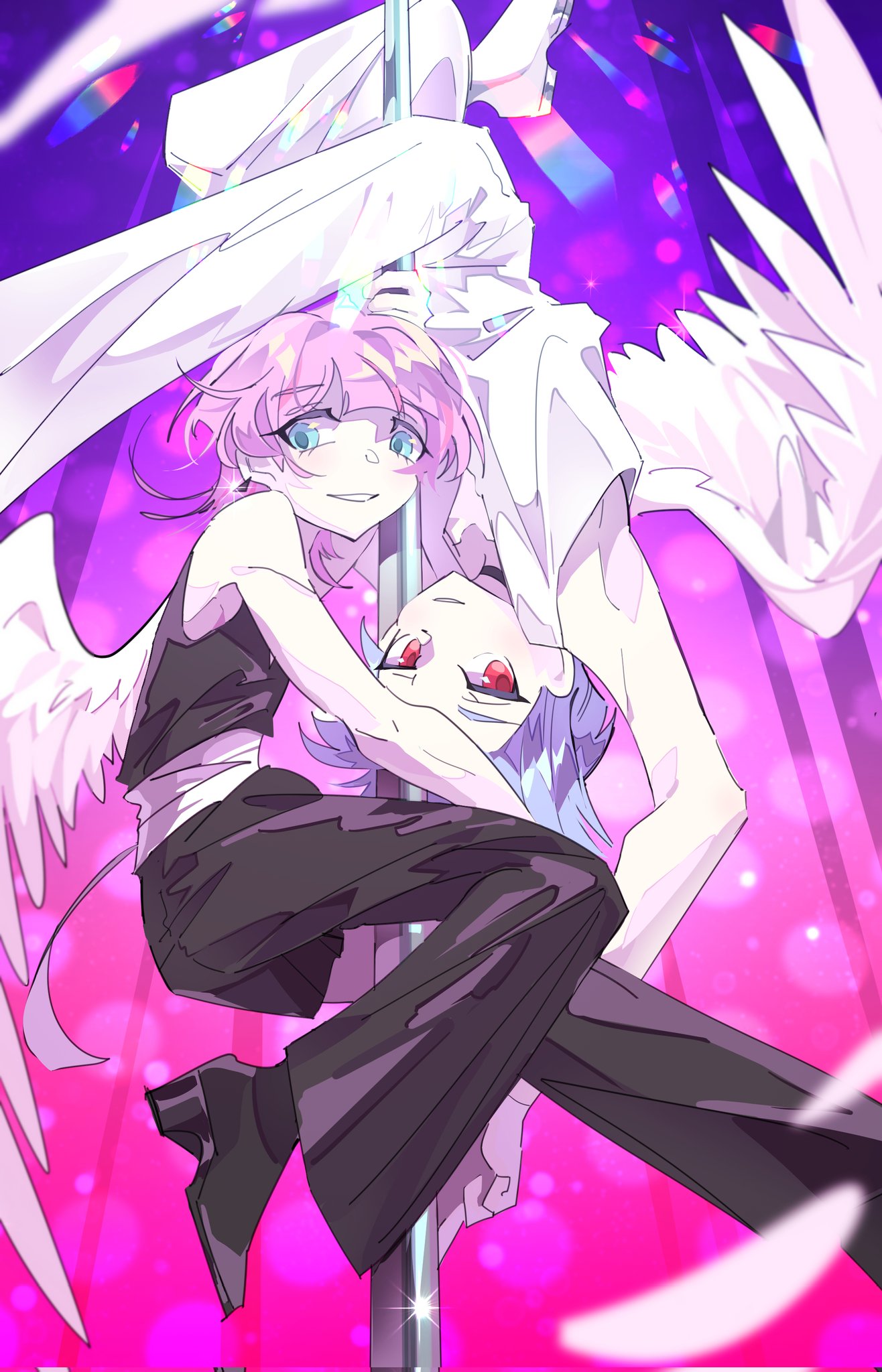 polyester (psg), polyurethane (psg), panty & stocking with garterbelt, highres, angel, angel wings, black jumpsuit, brothers, girly boy, ice tuna 808, jumpsuit, pole dancing, siblings, sleeveless jumpsuit, white jumpsuit, wings