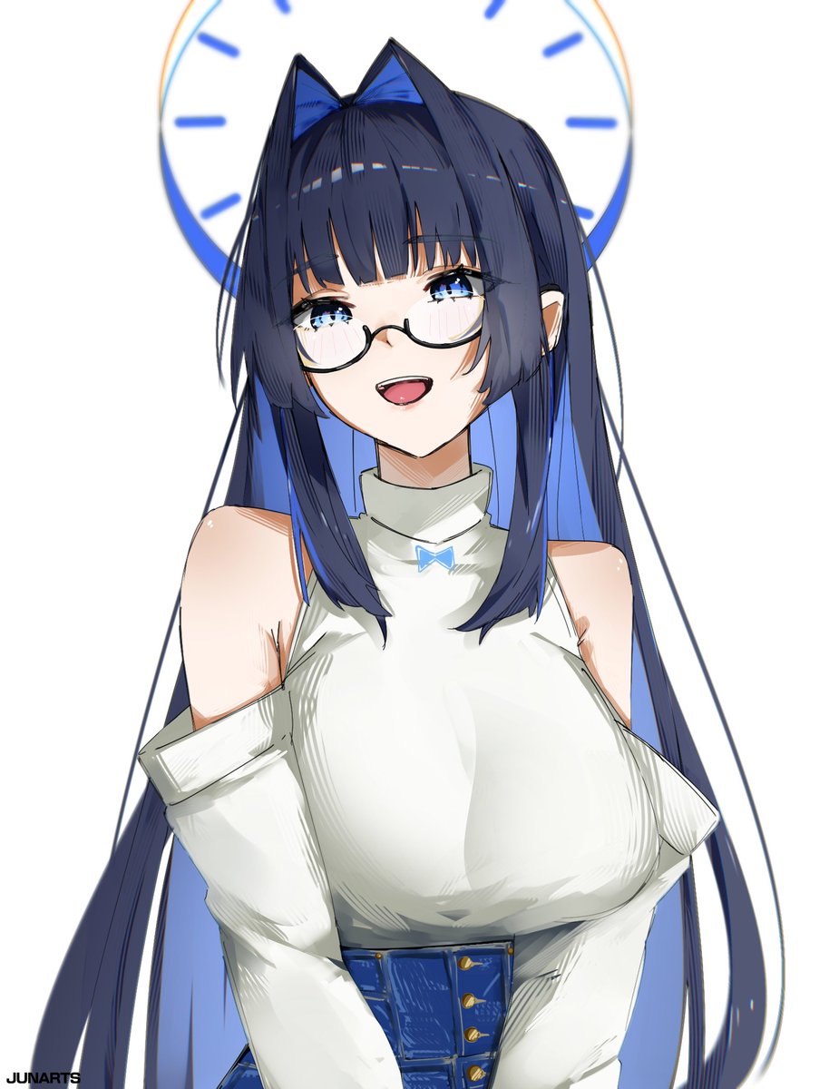 junarts, ouro kronii, ouro kronii (casual), hololive, hololive english, highres, 1girl, black hair, blue eyes, blue hair, blue halo, blue pants, breasts, clothing cutout, hair intakes, halo, high-waist pants, large breasts, long hair, official alternate costume, official alternate hairstyle, open mouth, pants, shoulder cutout, simple background, solo, sweater, turtleneck, turtleneck sweater, virtual youtuber, white background, white sweater