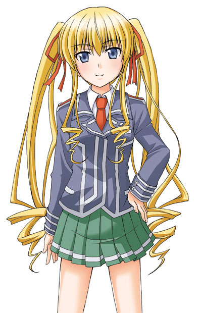 tomokichi, shinku, rozen maiden, 00s, 1girl, blazer, blonde hair, blue eyes, blush, drill hair, female focus, hair ribbon, hand on own hip, hip focus, jacket, long hair, necktie, pleated skirt, ribbon, school uniform, simple background, skirt, smile, solo, very long hair