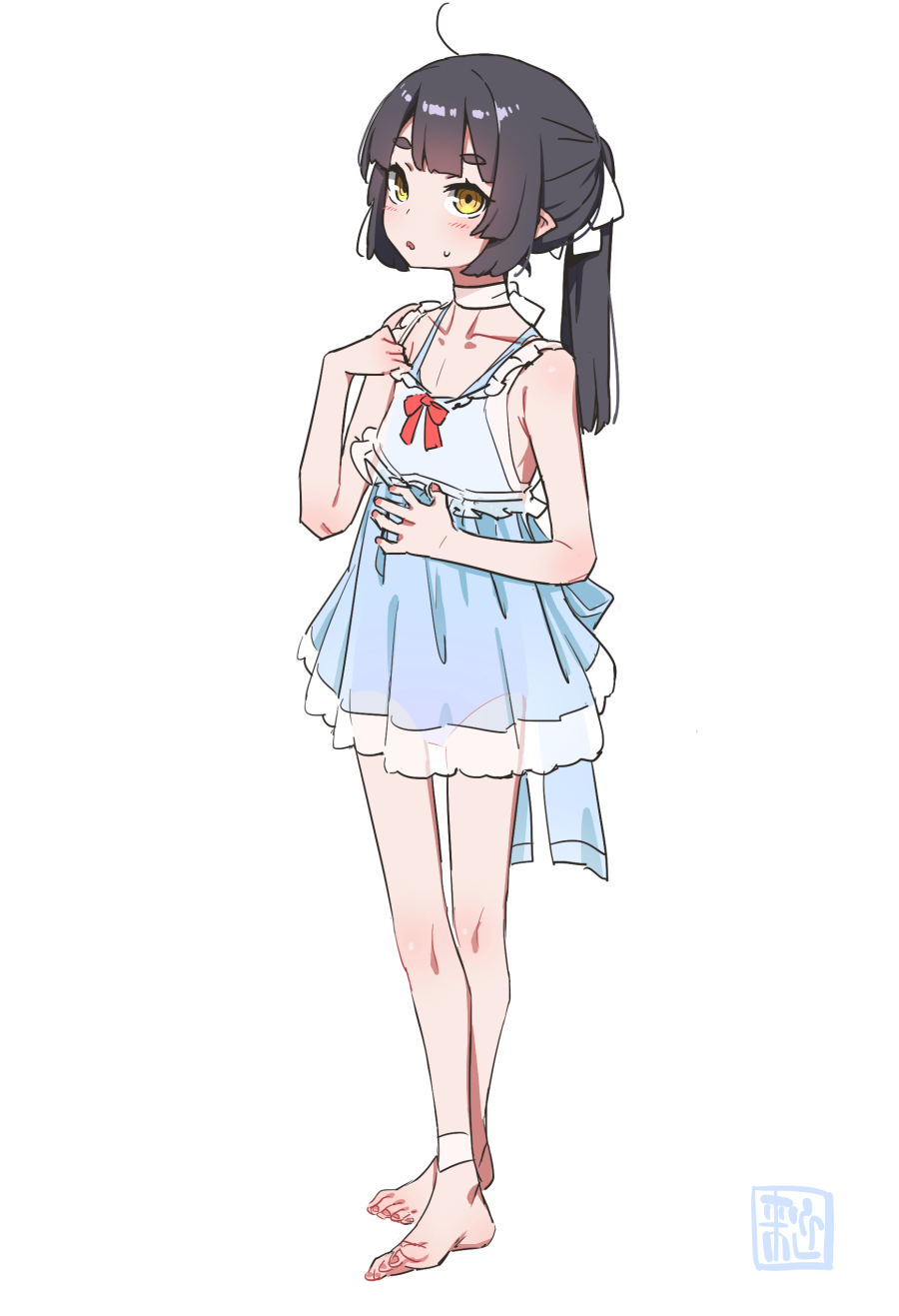 raigou, akari (raigou), original, highres, 1girl, ahoge, barefoot, black hair, bow, dress, elf, flat chest, hair bow, long hair, open mouth, pointy ears, ponytail, red bow, seal impression, sidelocks, simple background, solo, thick eyebrows, white background, white bow, yellow eyes