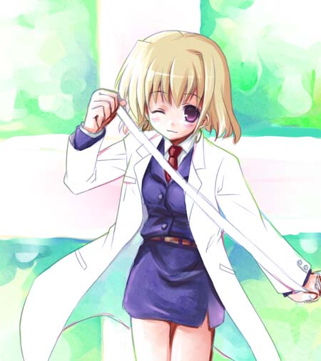 minamura haruki, shamal, lyrical nanoha, mahou shoujo lyrical nanoha, mahou shoujo lyrical nanoha a's, 00s, 1girl, bandages, belt, blonde hair, dress, earrings, female focus, jewelry, lab coat, military, military uniform, miniskirt, one eye closed, purple eyes, skirt, solo