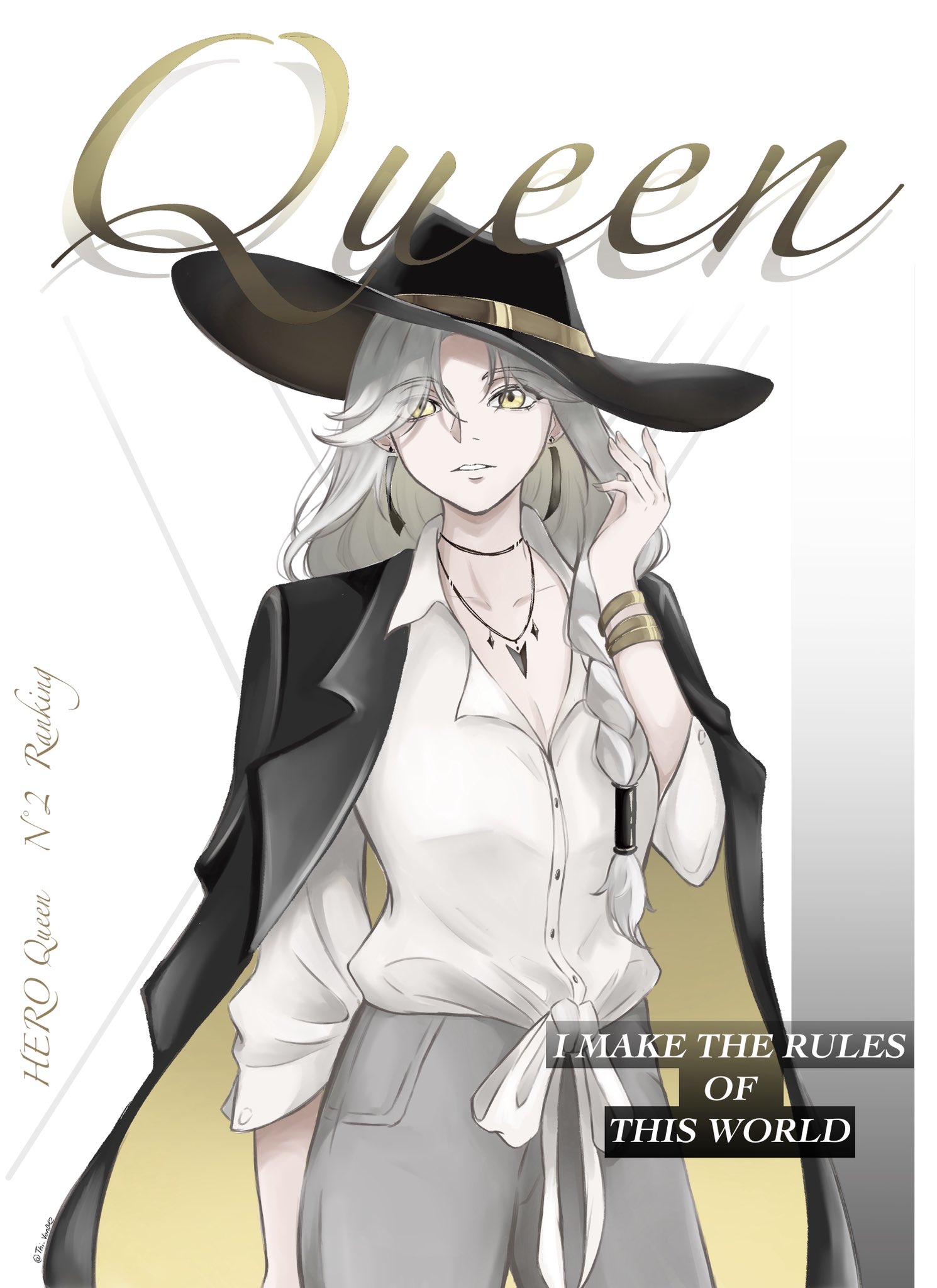 queen (to be hero x), to be hero, to be hero x, commentary, english commentary, highres, 1girl, black coat, black hat, bracelet, braid, braided ponytail, character name, coat, coat on shoulders, collared shirt, cowboy shot, earrings, english text, grey pants, hair over shoulder, hair tubes, hat, jewelry, long hair, looking at viewer, necklace, pants, shirt, single braid, solo, standing, thi van, tied shirt, twitter username, two-sided coat, two-sided fabric, white hair, white shirt, yellow coat, yellow eyes