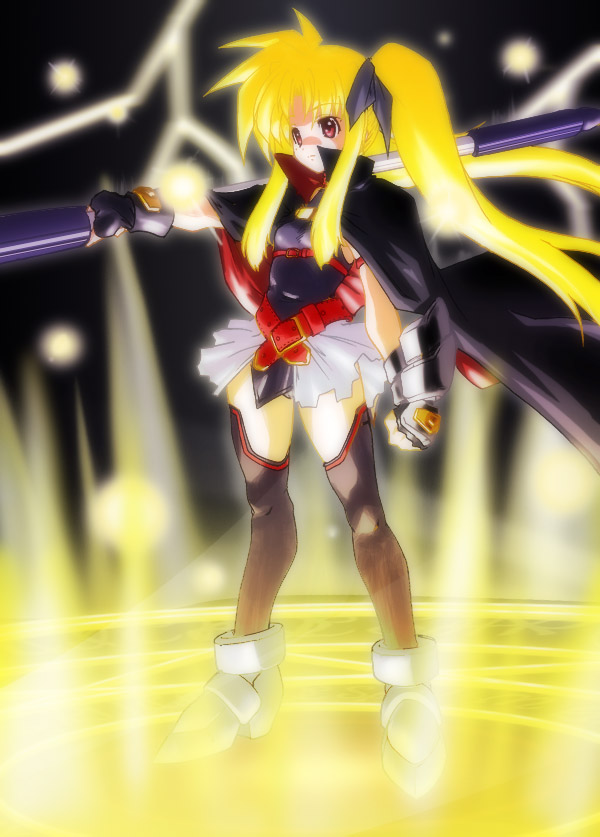 45acp, bardiche (nanoha), fate testarossa, fate testarossa (lightning form), lyrical nanoha, mahou shoujo lyrical nanoha, mahou shoujo lyrical nanoha a's, 00s, 1girl, armor, armored boots, belt, belt skirt, black cape, black gloves, black thighhighs, blonde hair, boots, bow, cape, female focus, fingerless gloves, floating hair, gauntlets, gloves, glowing, hair bow, long hair, magic, magic circle, miniskirt, over shoulder, red eyes, skirt, solo, standing, standing on magic circle, thighhighs, twintails, zettai ryouiki