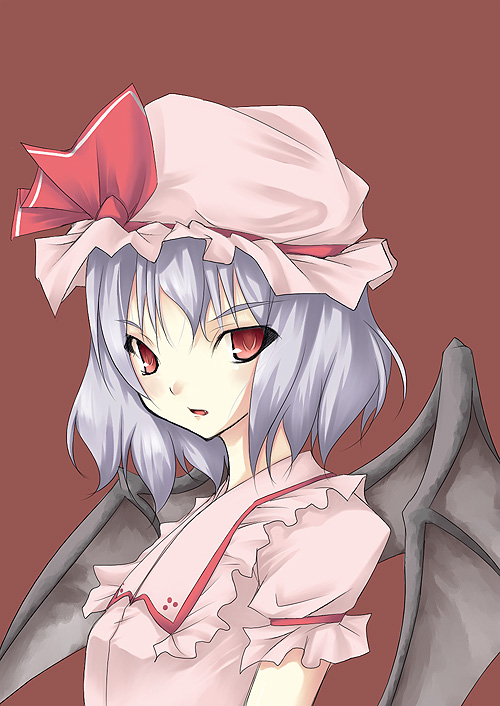 nakamura kusata, remilia scarlet, touhou, 1girl, bat wings, blue hair, female focus, hat, hat ribbon, mob cap, pink hat, red eyes, ribbon, short hair, solo, wings