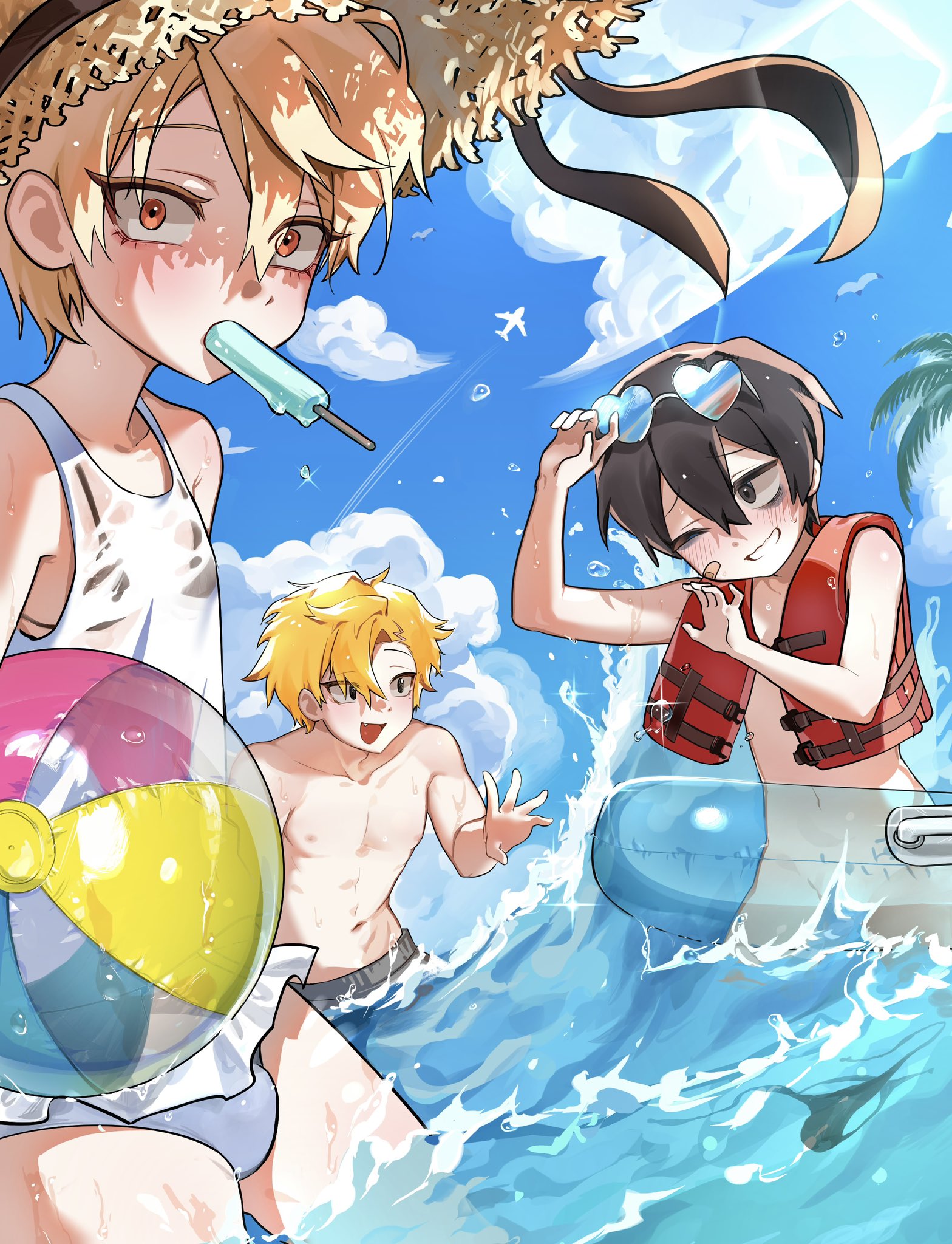 hong iltak, jeong surim, lee hoon, high school boy, suicide boy, highres, 10009 xp, 3boys, aircraft, airplane, bags under eyes, bandaid, bandaid on face, bikini top under shirt, black hair, blonde hair, blue sky, blush, bottomless, bulge, crossdressing, crossdressing (mtf), crossover, day, eyeliner, eyewear on head, fang, food, food in mouth, grin, hair between eyes, hat, hat ribbon, heart, heart-shaped eyewear, innertube, life vest, looking at viewer, makeup, multiple boys, navel, nipples, one-piece swimsuit, one eye closed, open mouth, popsicle, popsicle in mouth, red eyeliner, red eyes, ribbon, short hair, sky, smile, straw hat, sun hat, sunglasses, swim ring, swimsuit, trap, unworn bikini bottom, wading, water, water censor, wet, white one-piece swimsuit