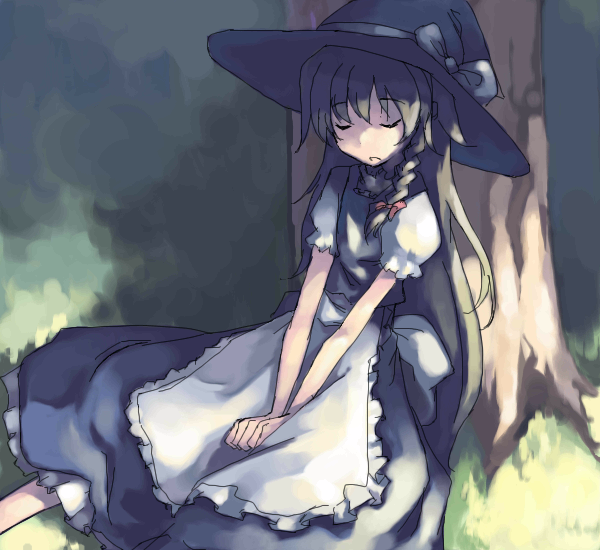 mikage sekizai, kirisame marisa, touhou, 1girl, against tree, blonde hair, braid, closed eyes, female focus, hands on lap, hat, outdoors, side braid, sleeping, solo, tree, witch hat