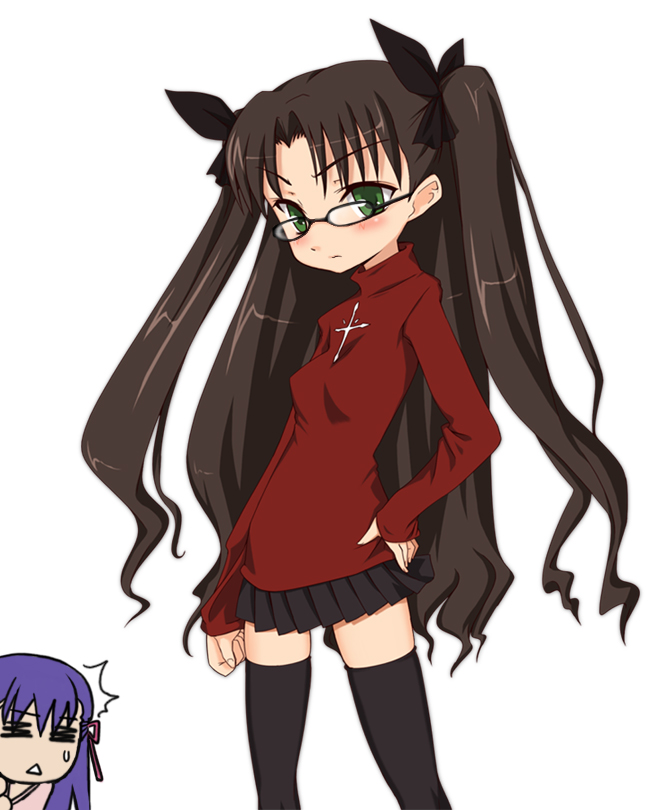 mishima toshihiro, matou sakura, tohsaka rin, fate/stay night, fate (series), black legwear, 00s, 2girls, black hair, glasses, green eyes, hand on own hip, long hair, looking at viewer, multiple girls, pleated skirt, skirt, thighhighs, turtleneck, two side up, very long hair