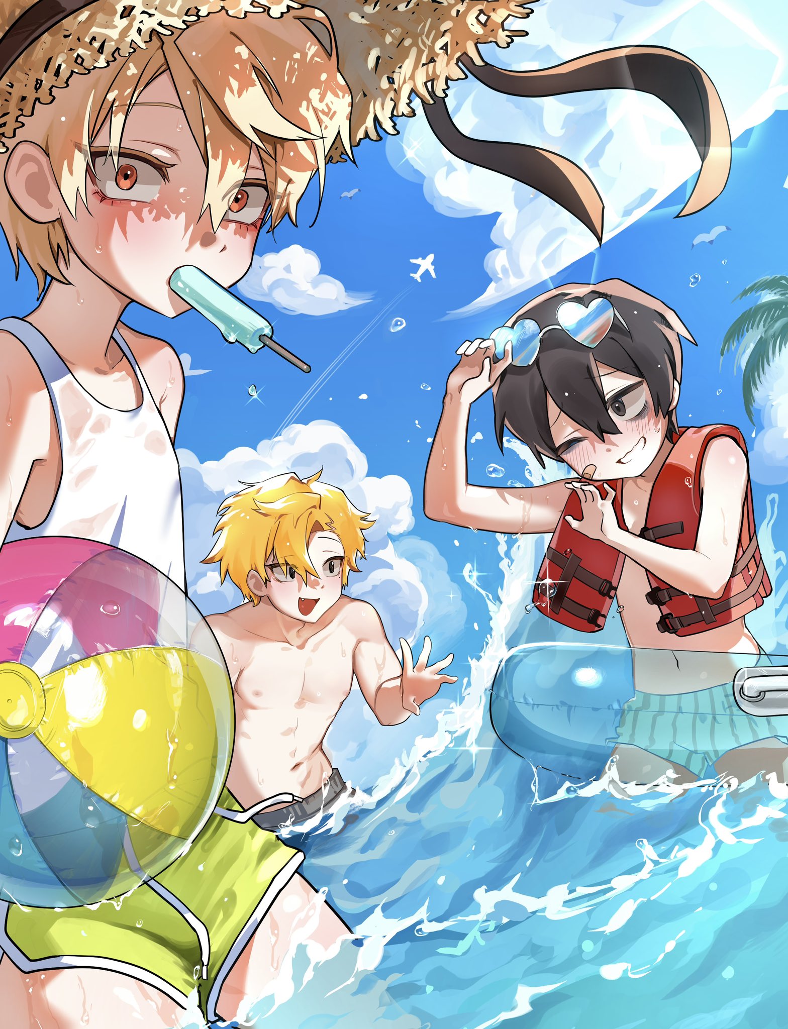 hong iltak, jeong surim, lee hoon, high school boy, suicide boy, highres, 10009 xp, 3boys, aircraft, airplane, bags under eyes, bandaid, bandaid on face, black hair, blonde hair, blue sky, blue swim briefs, blush, crossover, day, dolphin shorts, eyeliner, eyewear on head, fang, food, food in mouth, green shorts, grin, hair between eyes, hat, hat ribbon, heart, heart-shaped eyewear, innertube, life vest, looking at viewer, makeup, male swimwear, multiple boys, navel, nipples, one eye closed, open mouth, popsicle, popsicle in mouth, red eyeliner, red eyes, ribbon, short hair, shorts, sky, smile, straw hat, sun hat, sunglasses, swim briefs, swim ring, tank top, wading, water, wet, white tank top