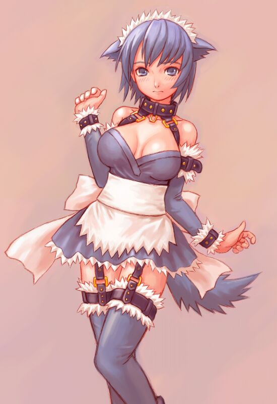 denjuu, animal ears, dog ears, garter belt, lingerie, maid, off shoulder, solo, thighhighs, underwear