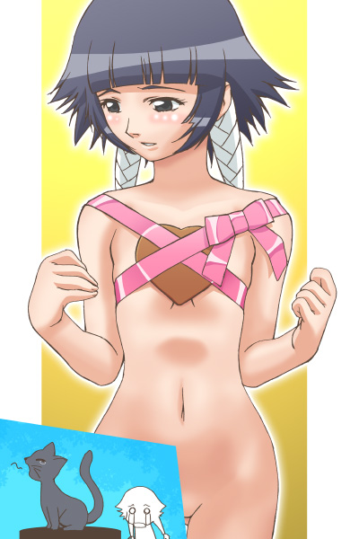 shihouin yoruichi, shihouin yoruichi (cat), sui-feng, bleach, 00s, 1girl, blue hair, cat, multiple views, naked ribbon, nude, ribbon, short hair with long locks, twintails, valentine
