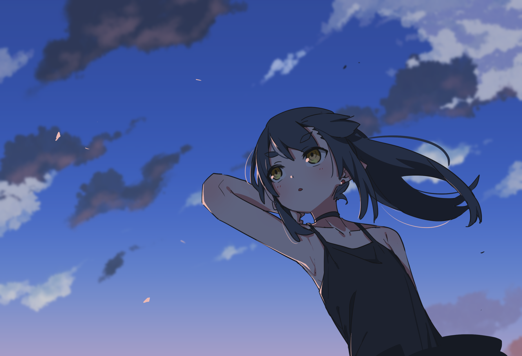 raigou, akari (raigou), original, highres, 1girl, black choker, black dress, black hair, choker, dress, earrings, elf, evening, flat chest, jewelry, long hair, open mouth, outdoors, pointy ears, ponytail, sidelocks, sky, solo, thick eyebrows, yellow eyes