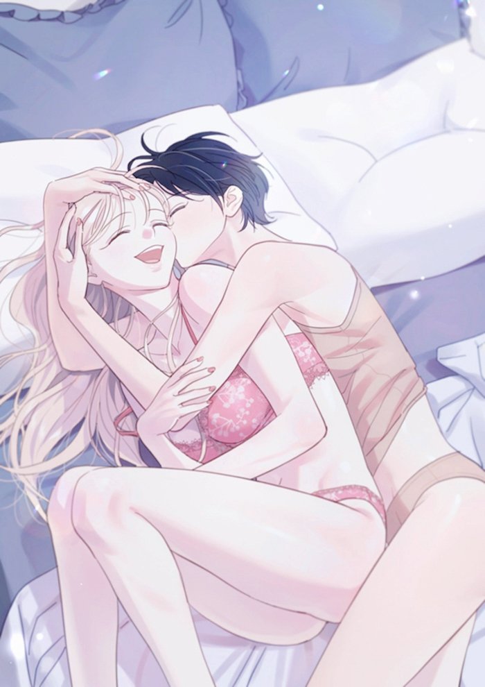 original, commentary request, korean commentary, 2girls, ^ ^, black hair, blonde hair, bra, brown panties, brown shirt, closed eyes, couple, cuddling, hair spread out, hands on another's head, happy, head on pillow, illyslilly, kiss, kissing cheek, knees up, long hair, lying, multiple girls, on bed, on side, open mouth, panties, pillow, pink bra, pink panties, shirt, short hair, sleeveless, sleeveless shirt, smile, underwear, very short hair, yuri