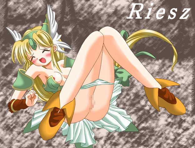 riesz, seiken densetsu, seiken densetsu 3, 1girl, armor, bad anatomy, blonde hair, blue eyes, boots, breasts, censored, dress, female focus, green dress, green panties, large breasts, long hair, lying, on back, panties, panty pull, poorly drawn, pussy, solo, underwear