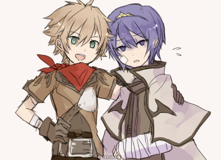 archer (ragnarok online), mage (ragnarok online), ragnarok online, commentary, english commentary, lowres, second-party source, 2boys, bandaged arm, bandages, bandaid, bandaid on cheek, bandaid on face, bandana, brown gloves, brown hair, brown shirt, cape, gloves, green eyes, hair between eyes, hand on another's arm, looking at viewer, male focus, multiple boys, muneate, open mouth, purple eyes, purple hair, red bandana, rengris, shirt, short hair, simple background, smile, upper body, white cape