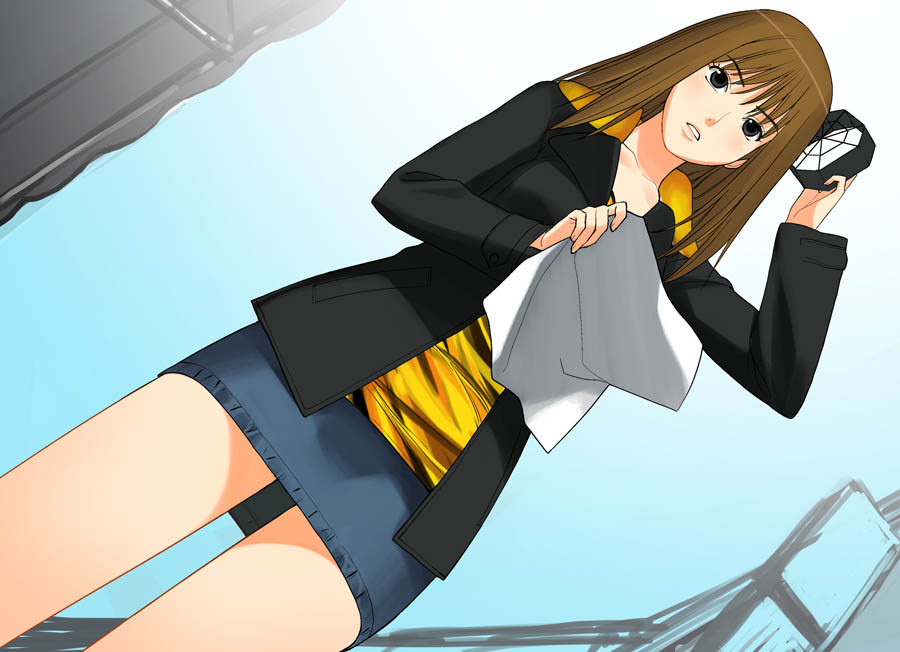 a1 (initial-g), 1girl, black eyes, brown hair, collarbone, female focus, from below, jacket, legs, long hair, looking down, miniskirt, pencil skirt, simple background, skirt, solo