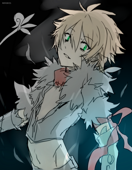 sniper (ragnarok online), ragnarok online, commentary, english commentary, second-party source, 1boy, aura, black background, blonde hair, crop top, fur-trimmed shirt, fur trim, gloves, green eyes, grey gloves, grey shirt, hair between eyes, looking at viewer, male focus, midriff, open mouth, rengris, shirt, short hair, short sleeves, smile, solo, upper body