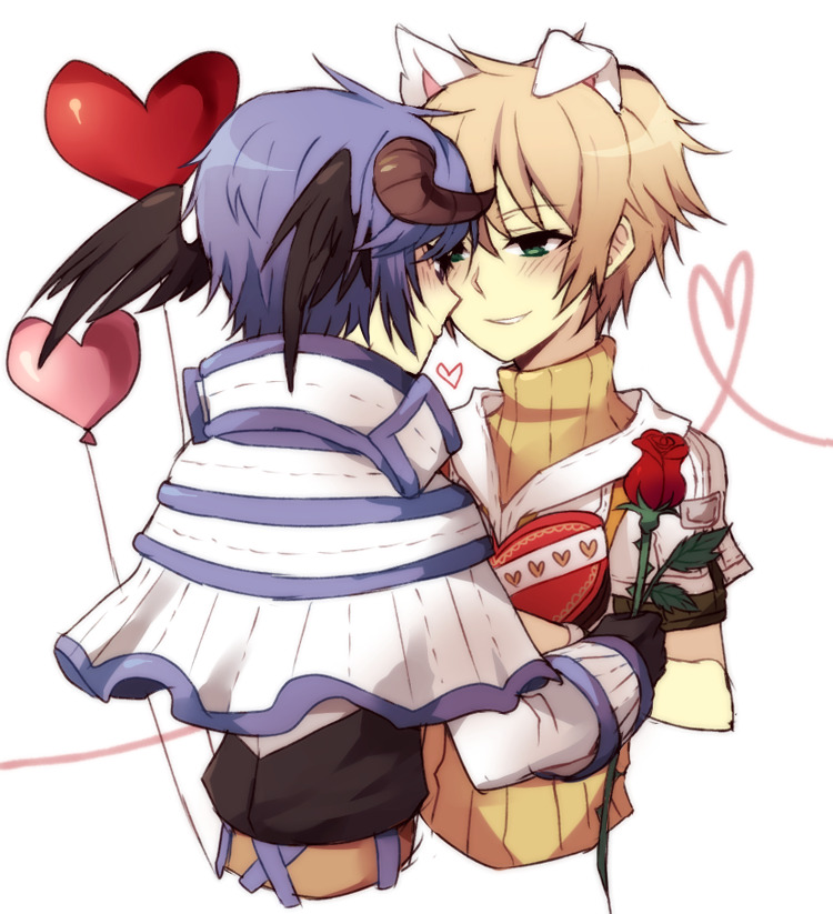 hunter (ragnarok online), sage (ragnarok online), ragnarok online, commentary, english commentary, 2boys, animal ears, astrarunia, balloon, black gloves, black shirt, black wings, brown horns, brown shirt, capelet, closed mouth, cropped jacket, dog boy, dog ears, feathered wings, flower, gloves, head wings, heart, heart balloon, heart of string, holding, holding flower, horns, jacket, looking at another, multiple boys, red flower, red rose, rose, shirt, short hair, short sleeves, simple background, smile, upper body, white background, white capelet, white jacket, wings, yaoi