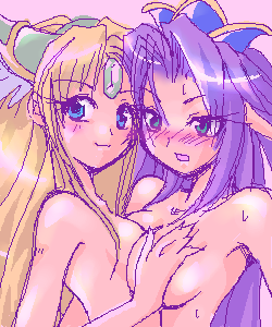 angela (seiken densetsu 3), riesz, seiken densetsu, seiken densetsu 3, lowres, 2girls, blonde hair, blush, breasts, elf, grabbing another's breast, groping, multiple girls, nude, oekaki, pointy ears, purple hair, yuri
