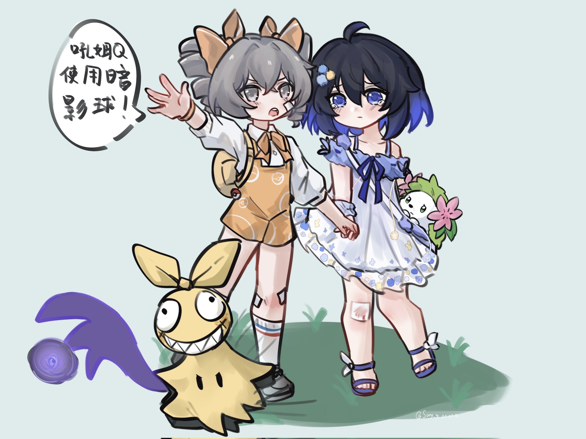 sang yuchen, bronya zaychik, homu (honkai impact), mimikyu, seele vollerei, shaymin, shaymin (land), honkai (series), honkai impact 3rd, nintendo, pokemon, commentary, highres, translation request, 2girls, :o, ahoge, backpack, bag, bare shoulders, black hair, blue background, blue eyes, blue hair, blue ribbon, blue sandals, bow, brown bow, closed mouth, collarbone, collared shirt, crossover, dress, drill hair, gen 4 pokemon, gen 7 pokemon, grass, grey eyes, grey hair, grey shoes, hair between eyes, hair bow, holding hands, kneehighs, legendary pokemon, long sleeves, multicolored hair, multiple girls, mythical pokemon, off-shoulder dress, off shoulder, open mouth, poke ball, poke ball (basic), pokemon (creature), puffy long sleeves, puffy sleeves, ribbon, sandals, shirt, shoes, socks, tears, twin drills, twintails, two-tone hair, white dress, white shirt, white socks